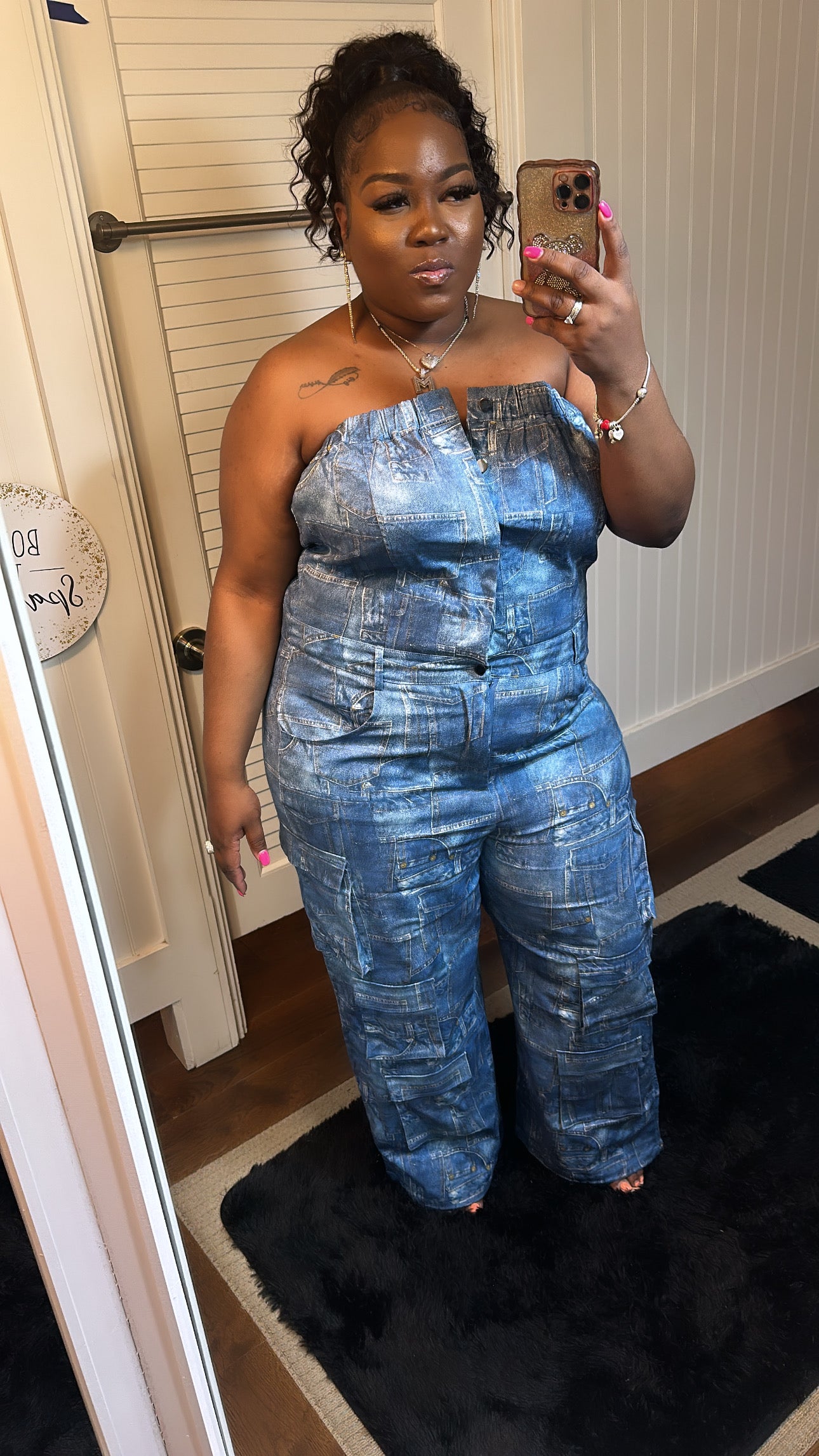 Denim denim cargo romper -Plus